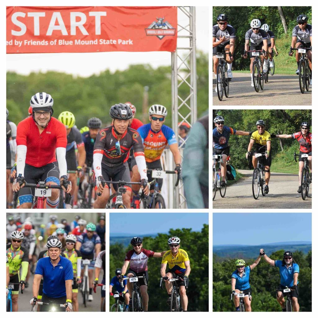 A collage of photos of cyclists at the start of the Horribly Hilly Hundreds