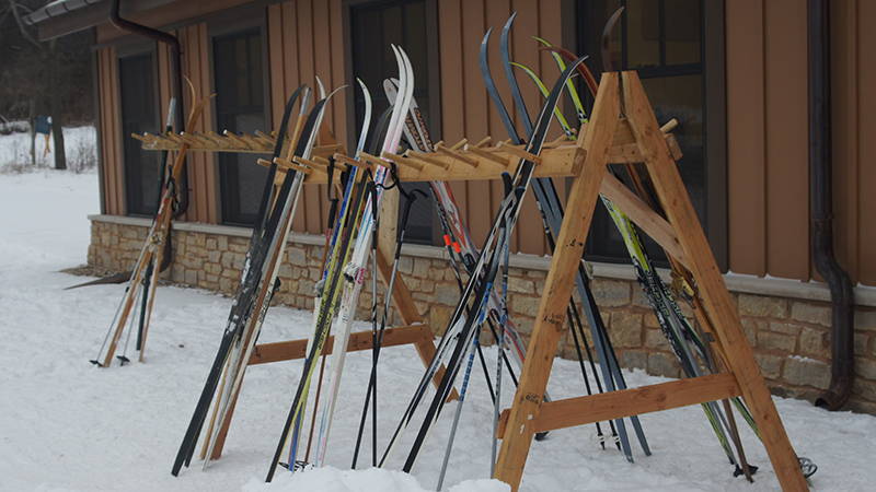 Several pairs of cross-country skis standing on an upright rack