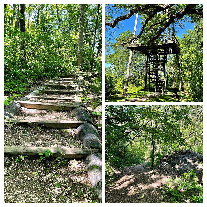 Collage of three photos showing hiking paths and an observation tower